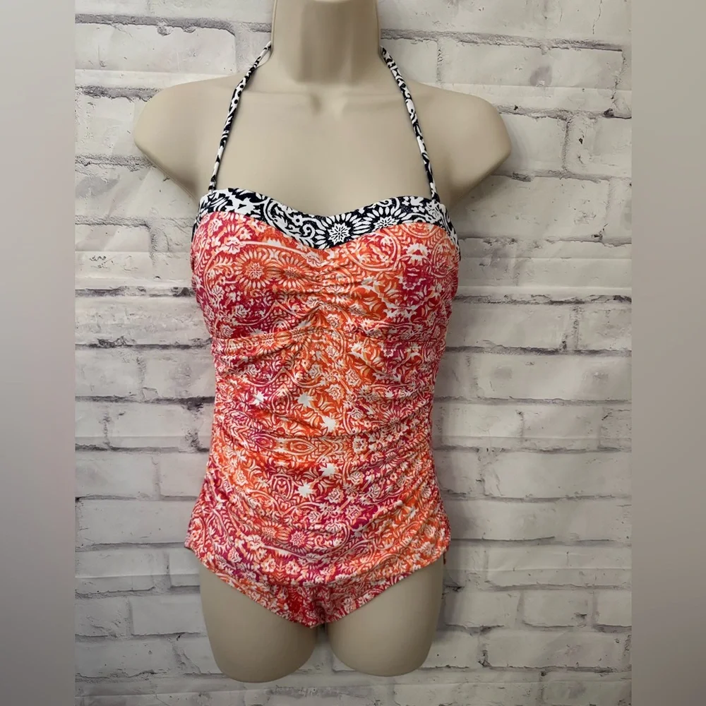 Tommy Bahama Sz 8 Shirred Bandeau Coral One‎ Piece Swimsuit Slimming Resortwear